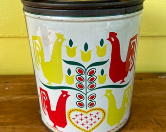 Vintage Procter & Gamble Rooster Birds Flowers Kitchen Canister Compliments of Fluffo the Golden Fresh Shortening