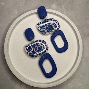 Porcelain-Inspired Dangle Earrings | White & Blue Polymer Clay Earrings with Geometric Floral Motif | Handmade Lightweight Statement Jewelry