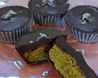 Mothers Day Artisan Gourmet Fair Trade Dark Chocolate Pistachio Marzipan Cups with Flaked Sea Salt (8pc or 4pc)