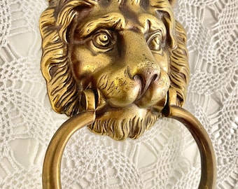 Aldaba de puerta vintage de latón macizo pesado de 8"x5" con forma de león
