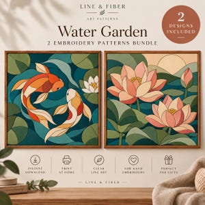 May include: A digital embroidery pattern bundle titled Water Garden by Line & Fiber featuring two designs. One design shows two koi fish in a pond with lily pads, and the other shows pink lotus flowers. The text includes 2 DESIGNS INCLUDED.