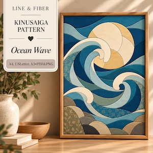 May include: A Kinusaiga pattern art print titled Ocean Wave featuring a large yellow moon above stylized blue and beige ocean waves. The text reads LINE & FIBER, KINUSAIGA PATTERN, Ocean Wave, and A4, USLetter, A3, PDF & PNG.