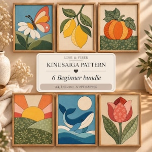 May include: Six framed Kinusaiga patterns featuring a butterfly on a daisy, two lemons, a pumpkin, a sunrise over hills, a whale in the ocean, and a tulip. The central text reads: LINE & FIBER KINUSAIGA PATTERN 6 Beginner bundle A4, USLetter, A3 PDF&PNG.