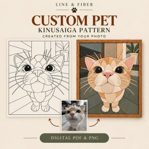May include: A custom pet Kinusaiga pattern kit featuring a black and white line drawing of a cat, a reference photograph of a ginger cat, and a finished fabric-style mosaic art piece of the same cat, all labeled as digital PDF and PNG files.