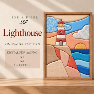 May include: A Kinusaiga pattern digital file featuring a lighthouse, ocean, and sun. Text reads: LINE & FIBER, Lighthouse, KINUSAIGA PATTERN, DIGITAL PDF and PNG, A4, A3, US LETTER. The artwork uses fabric textures in blue, red, white, and tan.