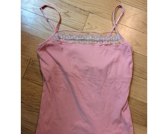 Vintage Y2K tanktop met lovertjes en kant, maat L Fairy, jaren 90 roze bijgesneden vierkante bh