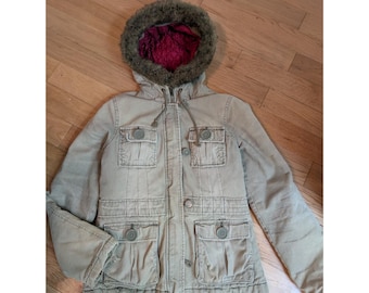 VTG Y2K Abercrombie & Fitch canvas Cargo Field jas parka met capuchon van imitatiebont groen M