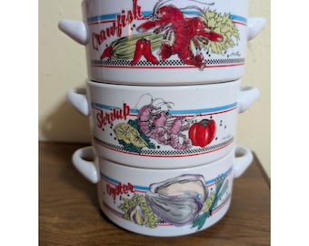 ヴィンテージ ケイジャン クラシックス 1986年製 積み重ね式 エビ シーフード チャウダー ガンボ スープボウル 3個セット