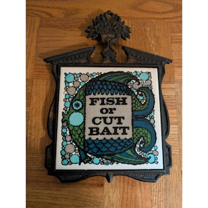 Vintage Cast Iron Trivet Fish Or Cut Bait   Made In Japan Tile MCM Mid Century