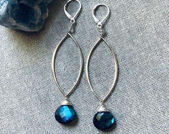 Nightfall Labradorite Gemstone Earrings, Sterling Silver Long Drop Crystal Earrings, Bridal Jewelry, Birthstone Earrings, Bridesmaid Gift