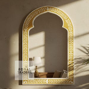 Yellow Bone Inlay Wall Mirror: Handcrafted Floral Design