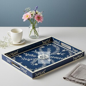 Blue Bone Inlay Decorative Tray with Handles | Handmade Floral Pattern Wooden Serving Tray | Elegant Boho Accent for Coffee Table or Gifting