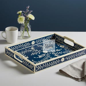 Blue Bone Inlay Serving Tray with Floral Design | Handmade Decorative Tray with Handles | Boho Style Wooden Tray for Coffee Table or Kitchen