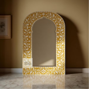 Yellow Bone Inlay Mirror: Handcrafted Floral Wall Decor