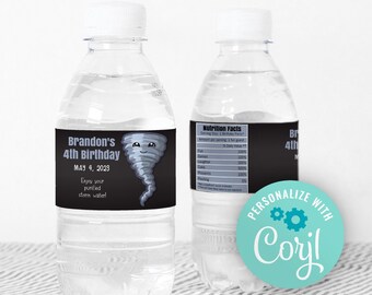 Editable Fournado Water bottle labels, Twonado water bottle template, Tornado Birthday Favor idea, Water bottle labels, printable