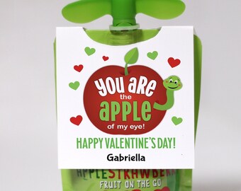 School Valentine's Day Favor Tag, Fruit pouch tag, Applesauce tag, Apple of my eye, Kids valentine exchange, Editable Valentine template