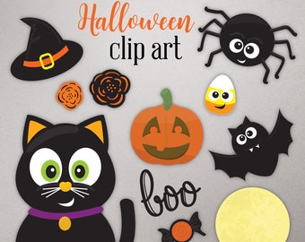 Clip Art de Halloween, imágenes prediseñadas del gato negro, clip art para uso personal, uso comercial, clip art de calabaza, DESCARGA INSTANTE