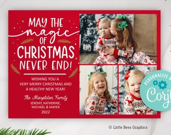 2023 Christmas Card template, Magic of Christmas never end, Editable holiday 5x7 photo card, Christmas card template, personalized, corjl