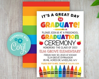 Invitación de graduación de la ceremonia de jardín de infantes editable, invitación de la ceremonia de graduación de preescolar, plantilla de graduación escolar, invitación de PreK, crayón