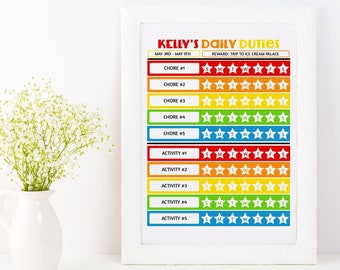 May include: A printable chart with the title "Kelly's Daily Duties" and a reward of "Trip to Ice Cream Palace". The chart has a column for each day of the week and rows for chores and activities. Each row has a space for a star for each day of the week.