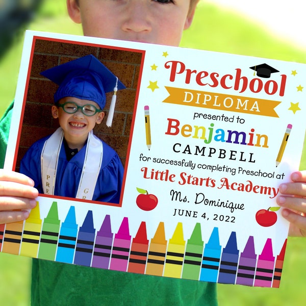 Editable Preschool Diploma with photo, Graduation Certificate, personalized school sign, Printable 8x10 sign, PreK grad template, Corjl