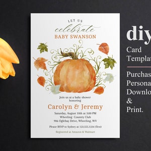 Editable Pumpkin Invitation, Autumn Baby Shower Invitation, Fall Theme Invites, INSTANT DOWNLOAD, Pumpkin baby shower 画像 1