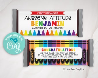 Editable Candy Bar Awards, End of the year awards, personalized candy wrappers, Printable student award, chocolate wrapper, Corjl template