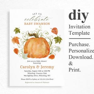 Editable Pumpkin Invitation, Autumn Baby Shower Invitation, Fall Theme Invites, INSTANT DOWNLOAD, Pumpkin baby shower 画像 2