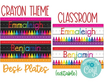 Editable Desk Plate template, Welcome Back to School name plates, personalized name tags, Printable Crayon theme classroom, Corjl