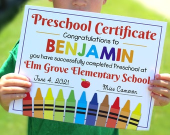 Editable Preschool Certificate, Graduation Diploma, personalized school sign, Printable sign, 8x10 sign, PreK grad template