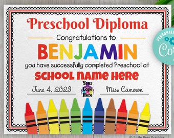 Editable Preschool Certificate, Graduation Diploma template, personalized school sign, Printable sign, teacher resource, PreK grad template