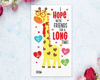 Giraffe Valentine card, Jungle themed School Valentine, Printable Valentine's Day Card, Classroom exchange Valentine, Kids