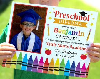 Diploma preescolar editable con foto, certificado de graduación, letrero escolar personalizado, letrero imprimible de 8x10, plantilla de grado de PreK, Corjl