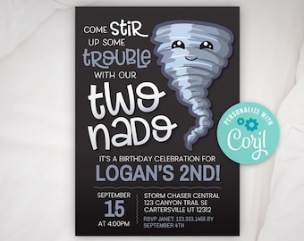 Editable Twonado Invitation, Second Birthday invitation, Tornado Invite, weather invitation, printable invitation