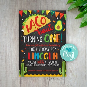 Editable Taco 1st Birthday Invite, Taco bout turning one, Fiesta Birthday, DIY Invitation template, Taco bout a party, Chalkboard, avocado image 1