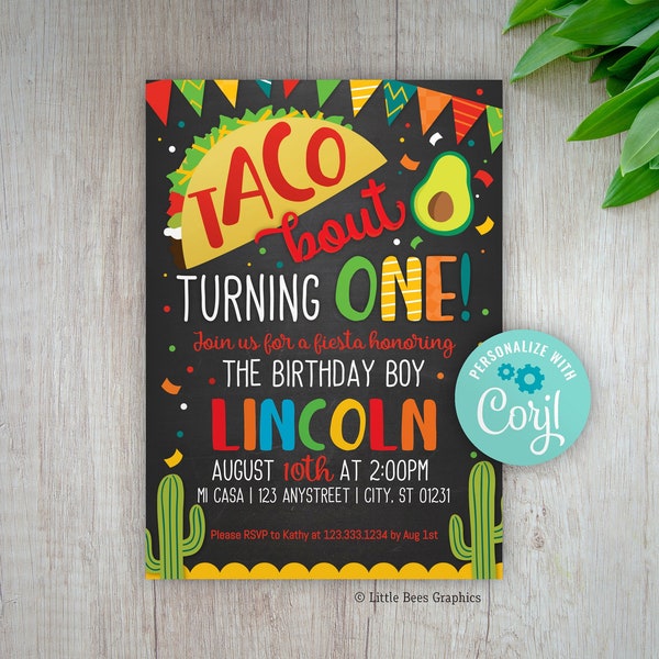 Invitación de 1er cumpleaños de Taco editable, Taco para cumplir uno, Cumpleaños de Fiesta, Plantilla de invitación de bricolaje, Taco para una fiesta, Pizarra, aguacate