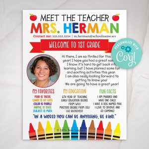 Editable Meet the Teacher template, Welcome Back to School sheet, personalized teacher about me, Printable 8x10 newsletter, Crayon, Corjl