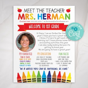 Editable Meet the Teacher template, Welcome Back to School sheet, personalized teacher about me, Printable 8x10 newsletter, Crayon, Corjl