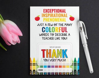 Printable Teacher Appreciation Gift - Teacher Thank You Card - End of Year Teacher Gift Card holder - colorful words - INSTANT DOWNLOAD