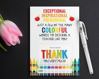 Printable Teacher Appreciation Gift - Teacher Thank You Card - End of Year Teacher Gift Card holder - colorful words - INSTANT DOWNLOAD