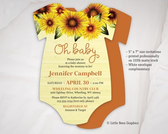 Sunflower Baby Shower Invitation, Printed invitations, Gender Neutral Invite, Rustic Summer Invite, Yellow Floral theme, Bodysuit shaped