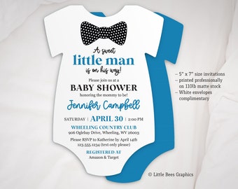 Little Man Baby Shower Invitation, Bowtie Invites, Boy Baby Shower, Printed invitation set, Bodysuit shaped invite, Romper invitations