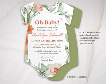 Floral Arch Baby Shower Invitation, Printed invitations, Gender Neutral Invite, Botanical Invite, Flower garden theme, Bodysuit shaped