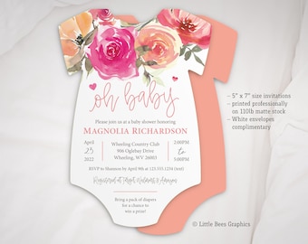 Watercolor Floral Baby Shower Invitation, Printed invitation set, Oh Baby Invite, Bodysuit shaped invite, Luxury high end invitations, girl
