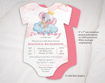 Elephant Baby Shower Invitation, Sweet baby, Printed invitation set, Baby Girl Invite, Bodysuit shaped invite, Luxury invitations