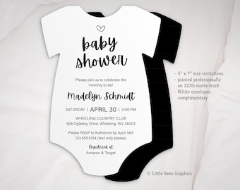 Minimalist Baby Shower Invitation, Printed invitations, Gender Neutral Invite, Boho typography Invite, Simple Monochrome, Bodysuit shaped