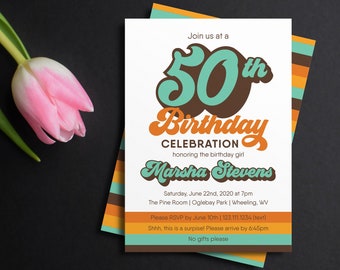 50th Birthday Invitation, Retro Adult Birthday invitation, Seventies Themed Invite, 70s decade, groovy theme, printable invitation