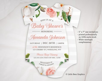 Pink Floral Baby Shower Invitation, Printed invitation set, Spring Flowers Invite, Bodysuit shaped invite, Luxury high end invitations, girl