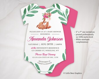 Rustic Woodland Baby Shower Invitation, Printed invitation set, Forest Deer Invite, Bodysuit shaped invite, Luxury invitations, baby girl
