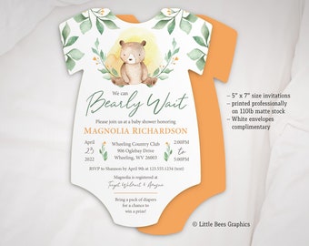 Bearly Wait Baby Shower Invitation, Gender neutral, Printed invitation set, Forest Bear Invite, Bodysuit shaped invite, Luxury invitations